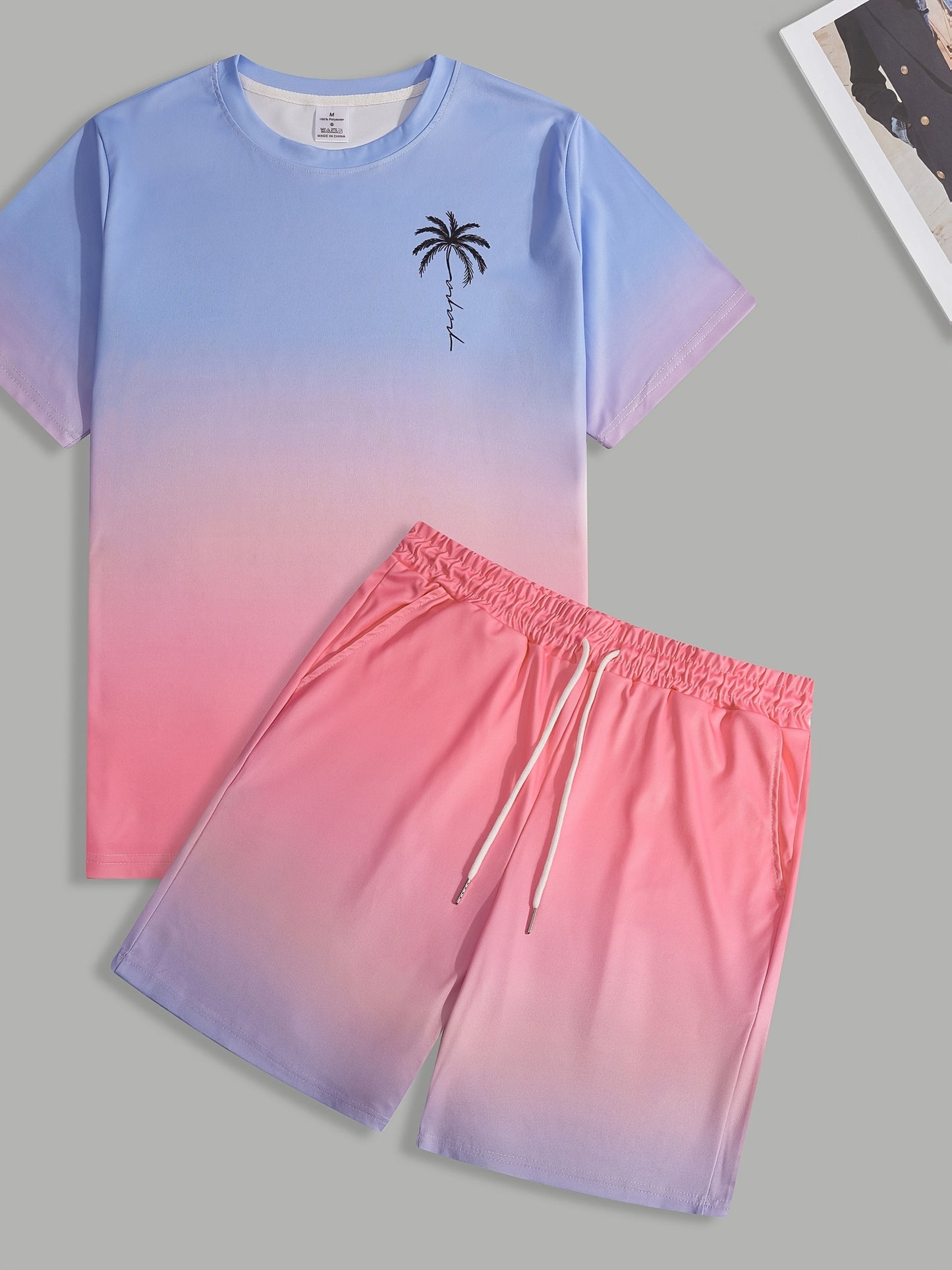 Men's stylish sportswear two piece set, casual crew neck t-shirt and shorts, 100% polyester, full coverage print, slight stretch, regular fit, summer sweatshirt