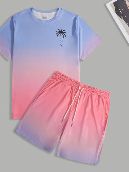 Men's stylish sportswear two piece set, casual crew neck t-shirt and shorts, 100% polyester, full coverage print, slight stretch, regular fit, summer sweatshirt