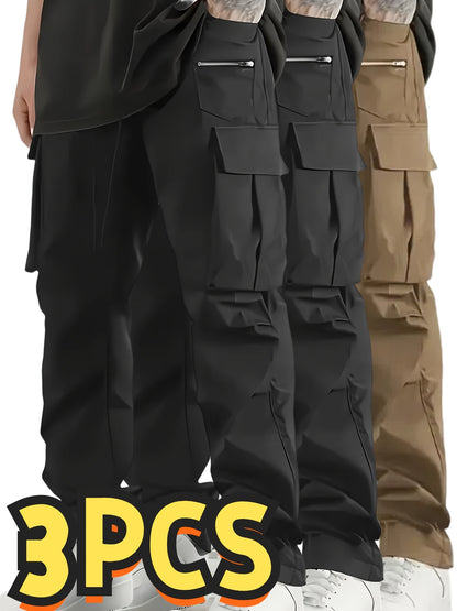 Set of 3 Men'S Relaxed Fit Work Trousers, Casual Cargo Style, Airy And Comfortable Loose Straight Leg Pants Featuring Various Pockets Suitable for All Seasons - Casual Outdoor Trousers Ideal for Hiking And Fishing