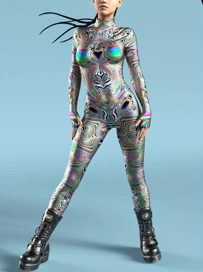 Stretchy Spandex Psychedelic Fractal Print Bodysuit for Women - High-Neck, Long Sleeve, Costume for Halloween & Cosplay Parties