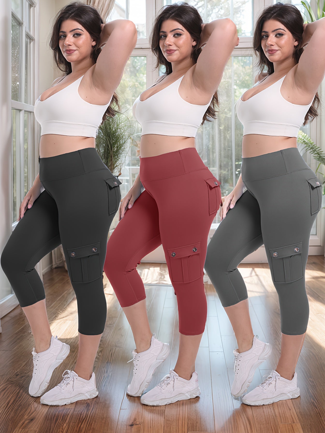 3-packs High Waist Yoga Capri Pants 3pcs Capri Pants Set, 4 Way Stretch Butt Lifting Tummy Control, 4 Button Pockets Workout Running Sports Pants