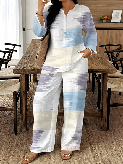 2026 New Women's Standard Size Long Sleeved Pants 2pcs Set, Set, Spring And Summer New V-Neck Long Sleeved Shirt Printed Elastic Waistband Pants 2pcs Set, Digital Printing Machine Washable Fabric, Elegant And Comfortable