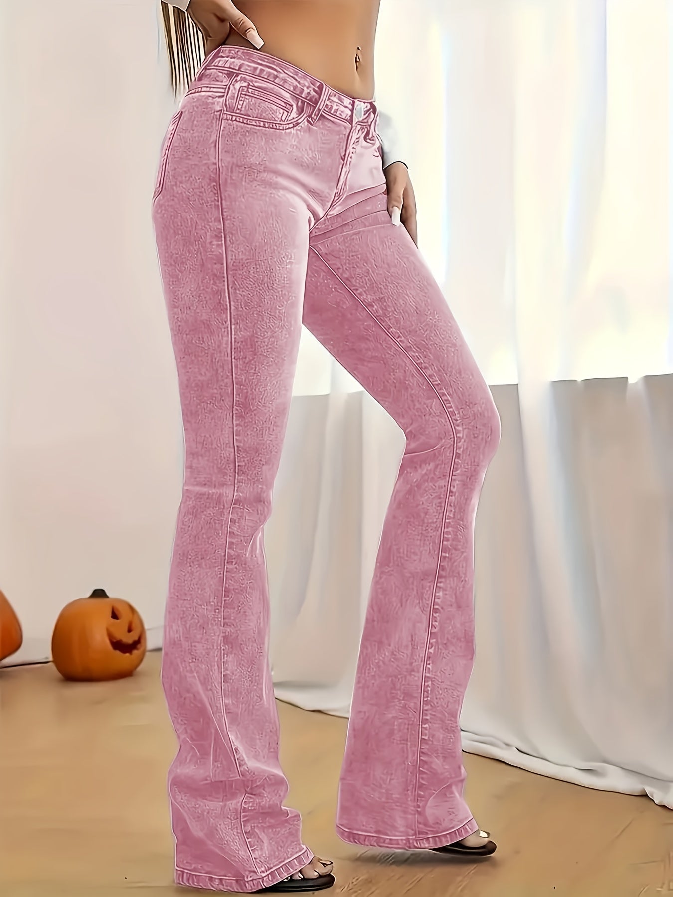 2026 NEW [Long Length Skinny Flare Jeans] Women'S Casual Skinny Flare Jeans, Long Length, Low Waist, Button Fly, Medium Stretch, All Seasons, Solid Color