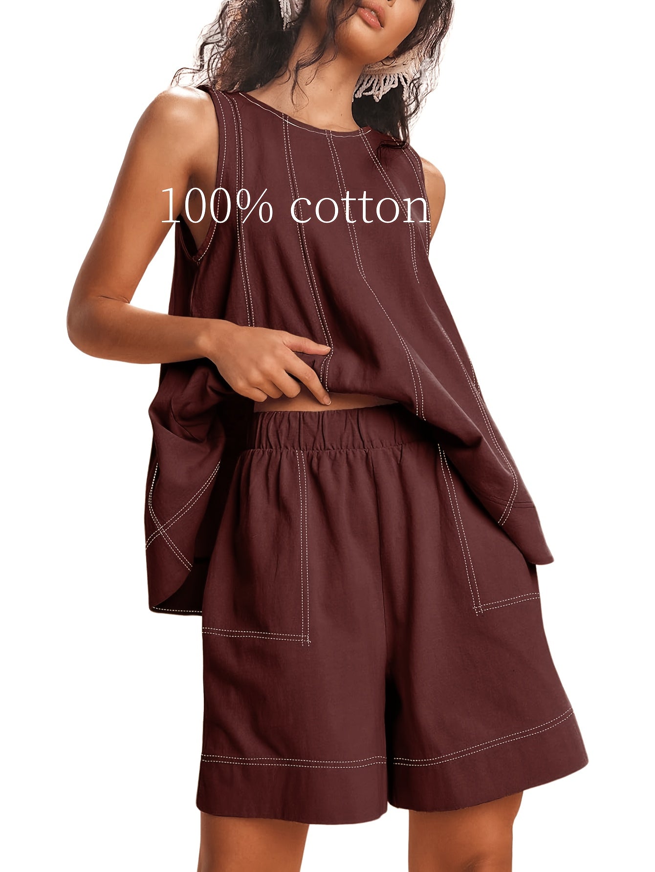 Womens 2pcs Outfits Sleeveless Matching Sets A Line Tank Tops Contrast Stitching High Waist Shorts with Pockets
