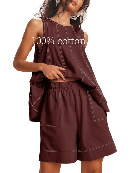 Womens 2pcs Outfits Sleeveless Matching Sets A Line Tank Tops Contrast Stitching High Waist Shorts with Pockets