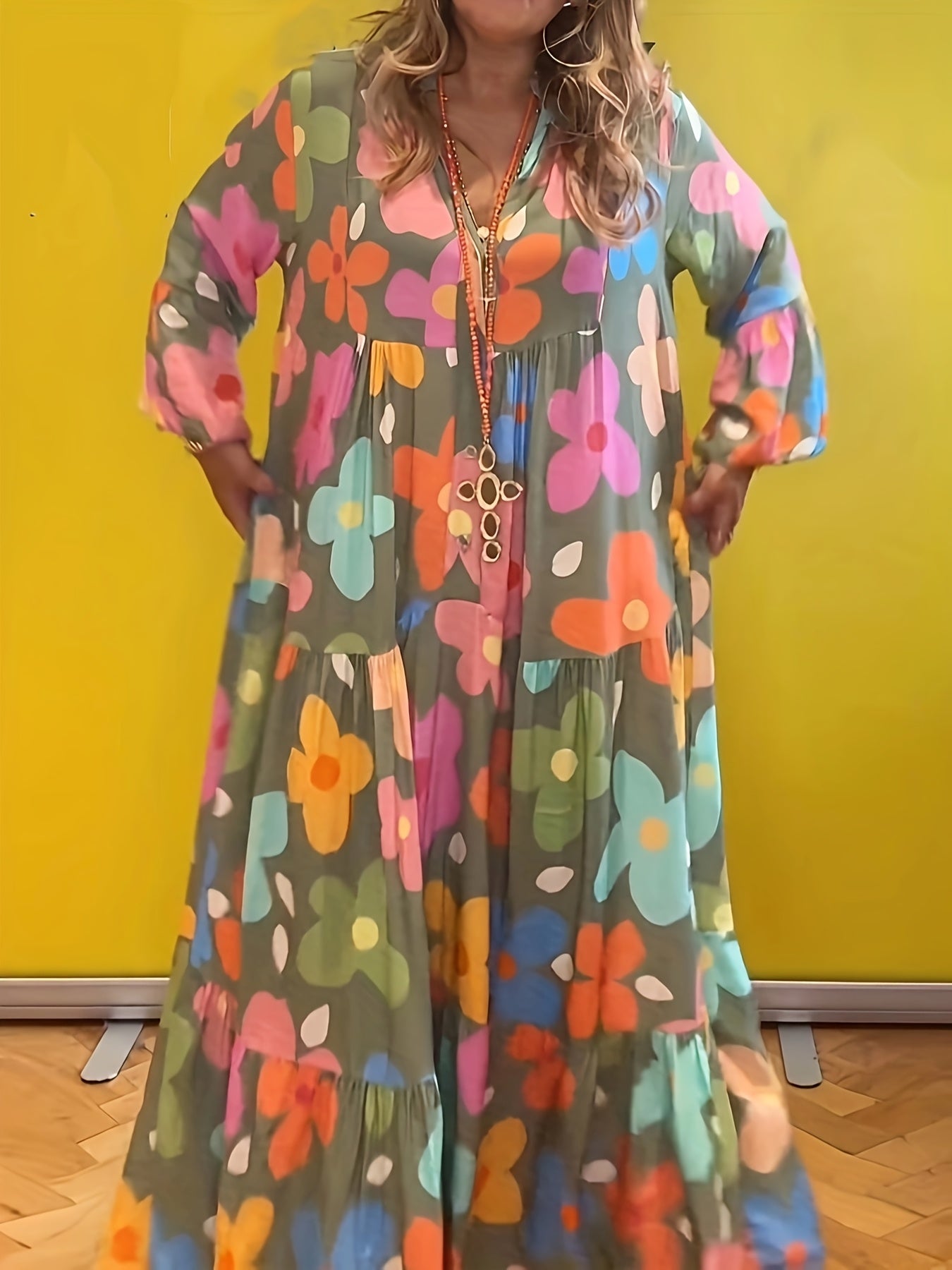 Women Floral Print Boho V Neck Maxi Dress, Layered Design, Button Closure, 3/4 Flared Ruffle Sleeves, Super Loose Fit