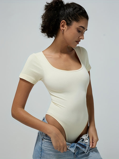 Women's Short Sleeved Square Neck Elastic Jumpsuit Casual Jumpsuit Paired with Jeans Jumpsuit Shaping Women's Jumpsuit