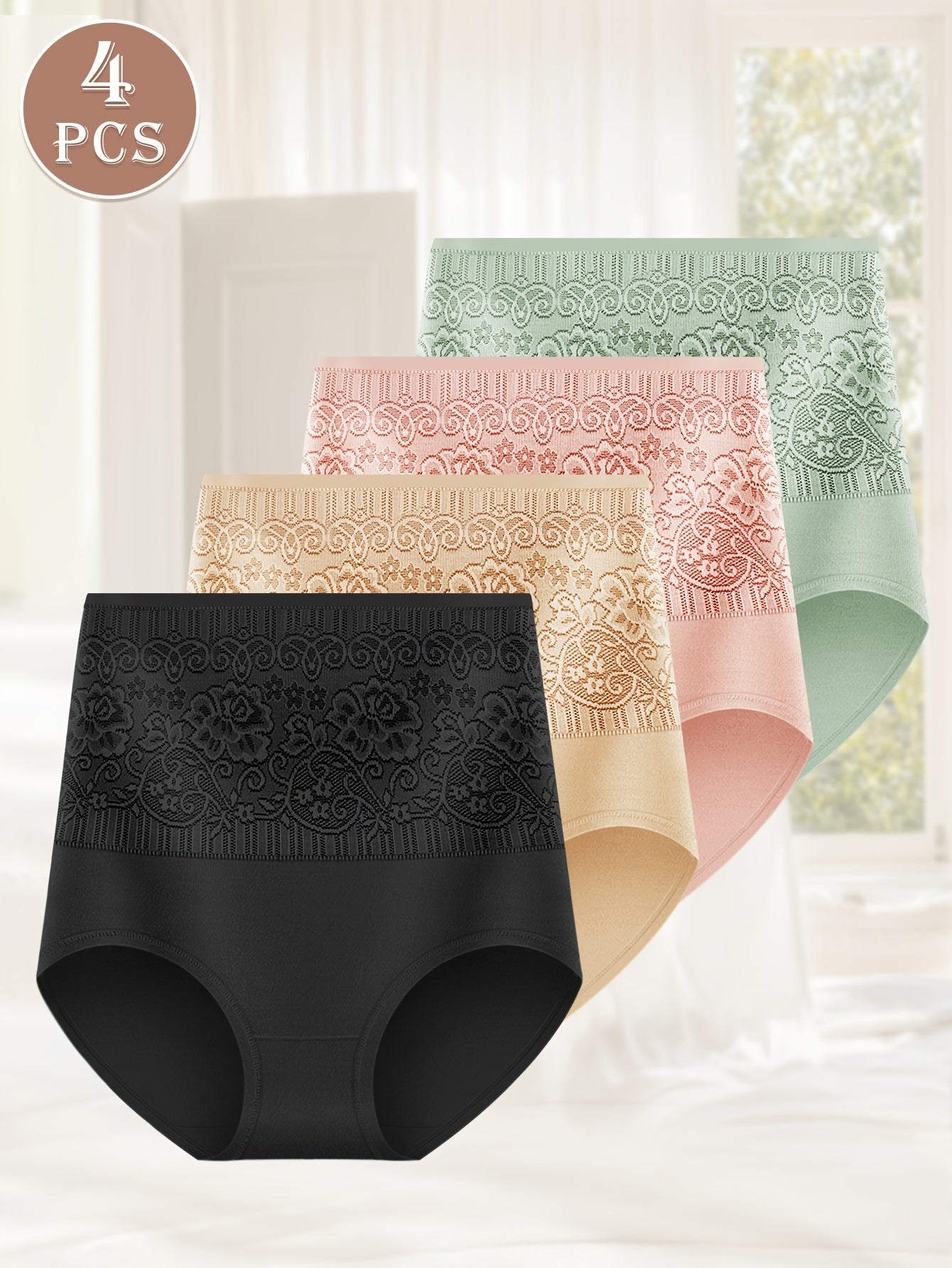 4pcs Luxury Jacquard High Waist Panties - Seamless Tummy Control & Butt Lifting Intimates Panties - Soft Sculpting Briefs For Womens Lingerie Collection