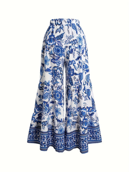 Women'S Summer Floral Print Wide-Leg Pants with Elastic Waist - High-Waisted, Flowy Design, White & Black Leaf Pattern, Perfect for Vacation or Casual Outings, Vacation Outfit | Floral Print Pants | Texture