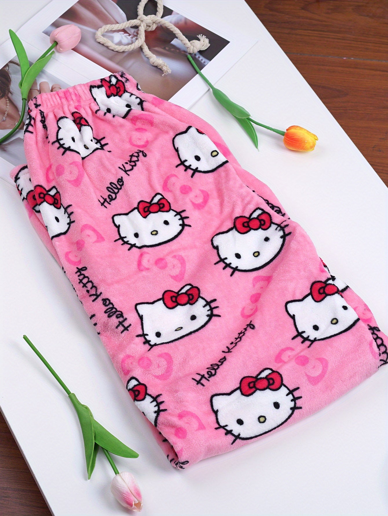 Sanrio Hello Kitty Y2K Kawaii Anime Flannel Pajamas Women'S Warm Cartoon Casual Home Pants Autumn Winter Fashion Trousers