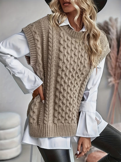 Women's Cable Sweater Vest - Sleeveless Round Neck Slit Hem Blouse, Solid Color Medium-Elastic Knitwear for Spring Summer Fall Layering, Casual & Semi-Formal Wear (Hand Washable)