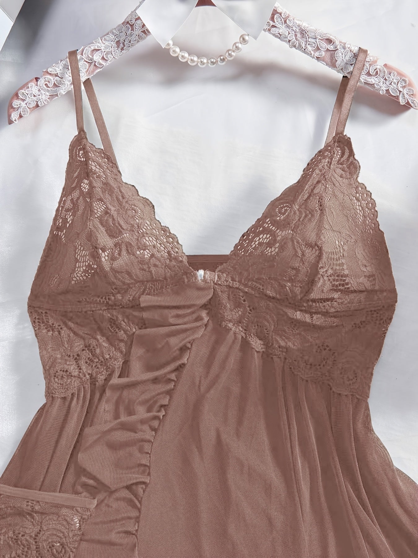 Big Size Sultry Valentine Lace Sleepwear Dress Set - Exquisite Lace, Flattering V-Neckline, Daring Backless Design, Delicate Ruffle Trim, Trendy Split Hem, Seductive Thong Detail, Ultra-Comfortable Fabric, Perfect for Romantic Night, Anniversary Gift