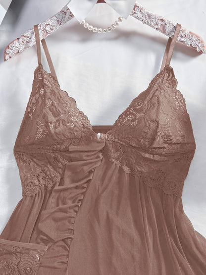 Big Size Sultry Valentine Lace Sleepwear Dress Set - Exquisite Lace, Flattering V-Neckline, Daring Backless Design, Delicate Ruffle Trim, Trendy Split Hem, Seductive Thong Detail, Ultra-Comfortable Fabric, Perfect for Romantic Night, Anniversary Gift