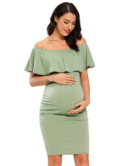 Women's Maternity Dress Off Shoulder Ruffle Sleeveless Bodycon Dress for Baby Shower