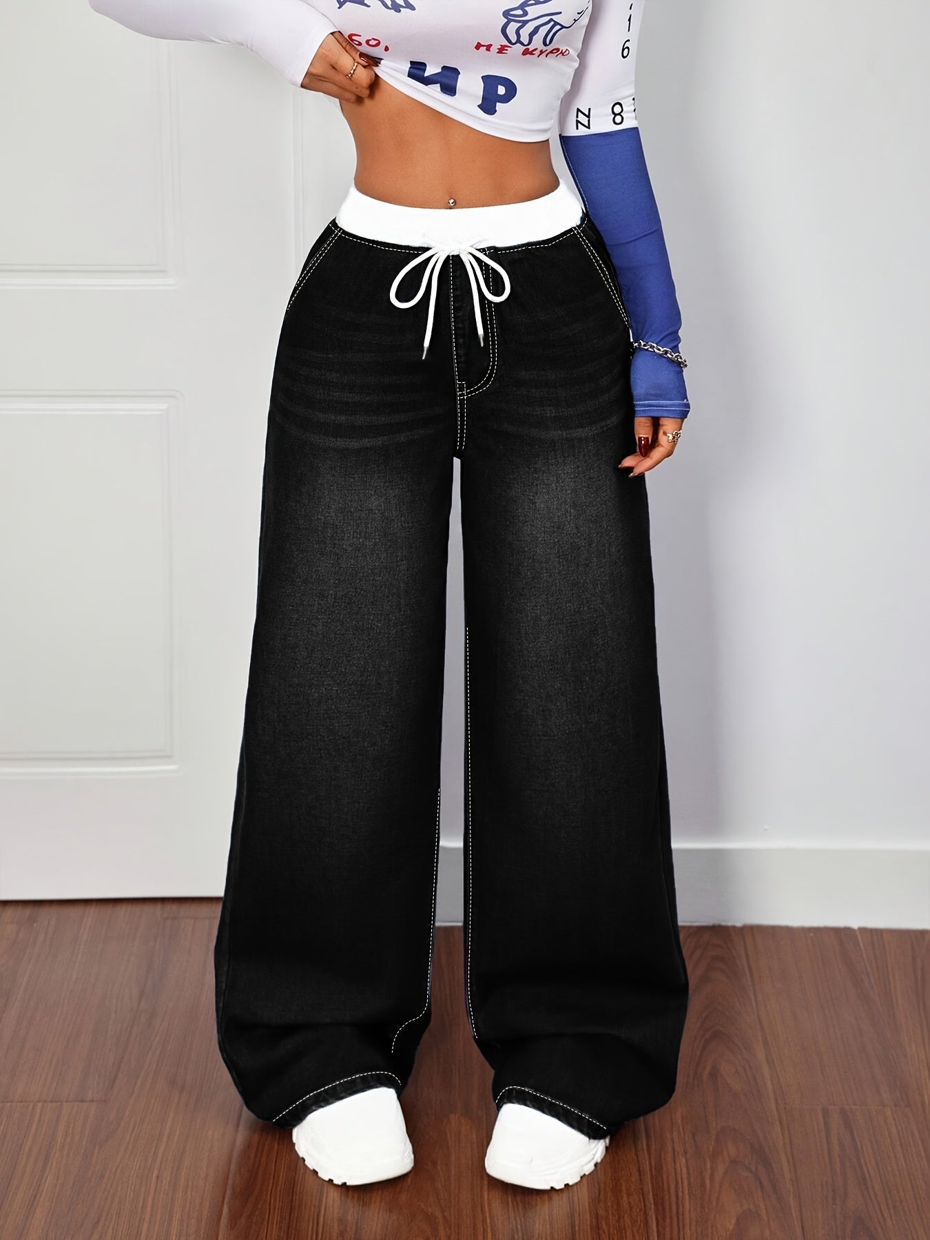 Women's Plus Size Blue Denim Pants - Whisker Details, Panel, Elastic Waist with Drawstring, Wide-Leg | High-Waisted, Slim-Fitting & Figure-Flattering | Retro Street & Casual Sporty Style | Versatile for All Seasons