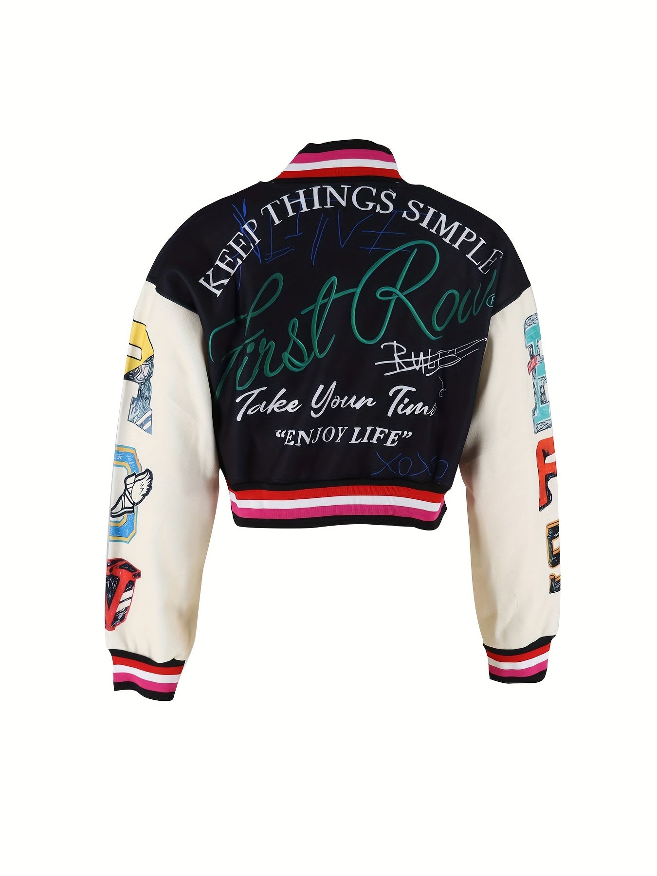 Casual Baseball Bomber Coat for Women Featuring a Color Block Design And Letter Print, Complete with Long Sleeves