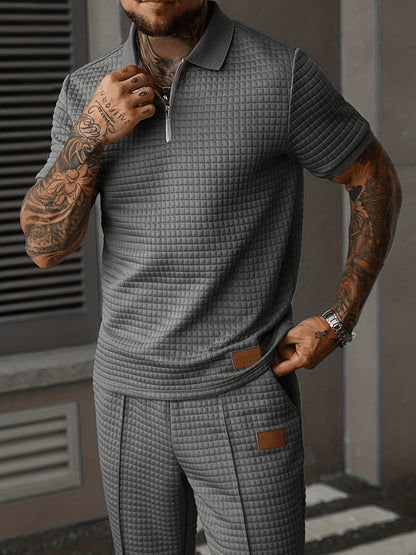 2pcs Men's Summer Commuter Casual Suit: Textured Fabric Half-zip Shirt Paired with Stitched Front Trousers, 2pcs Menswear, Vintage Style, Comfortable Fit.