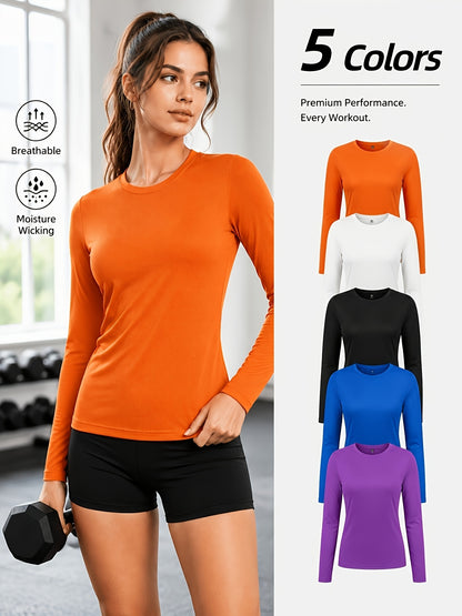 5pcs Women'S Long Sleeve T-Shirts - High Stretch, Moisture-Wicking & Breathable, Five Color Options for, Outdoor - Four Seasons Collection, Shirts, Wear, Solid Color Top, Breathable Fabric