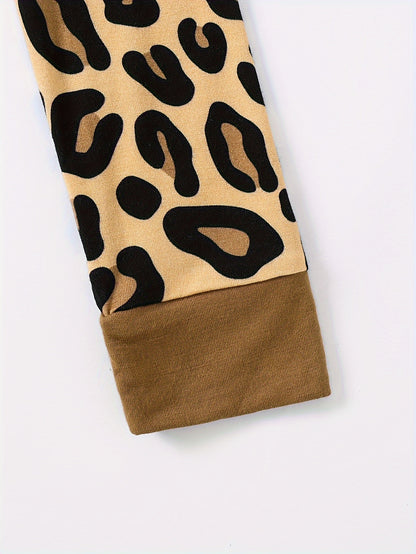 JUNBLEBABY Bamboo Fiber Skinny Pajama Set - Brown Leopard Print Long Sleeve And Pants, Stretchy Viscose Blend, Crew Neck, Casual Style for Youngsters