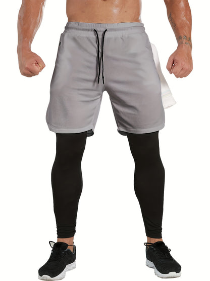 Compression Pants Men 2 in 1 Running Pants Workout Pants for Men Gym Tights with Towel Loop