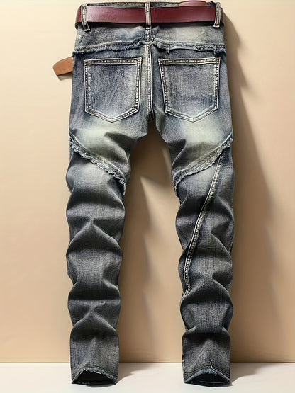 Streetwear, High-end Men's Motorcycle Jeans, Retro Blue Stretch Slim Fit Fashionable Men's Jeans