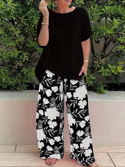 Plus Size Women's Botanical Print Two-Piece Set- Round Neck Tops with Random Floral Print Wide Leg Pants Featuring Pockets, Perfect for Spring and Summer Casual or Stylish Outfits