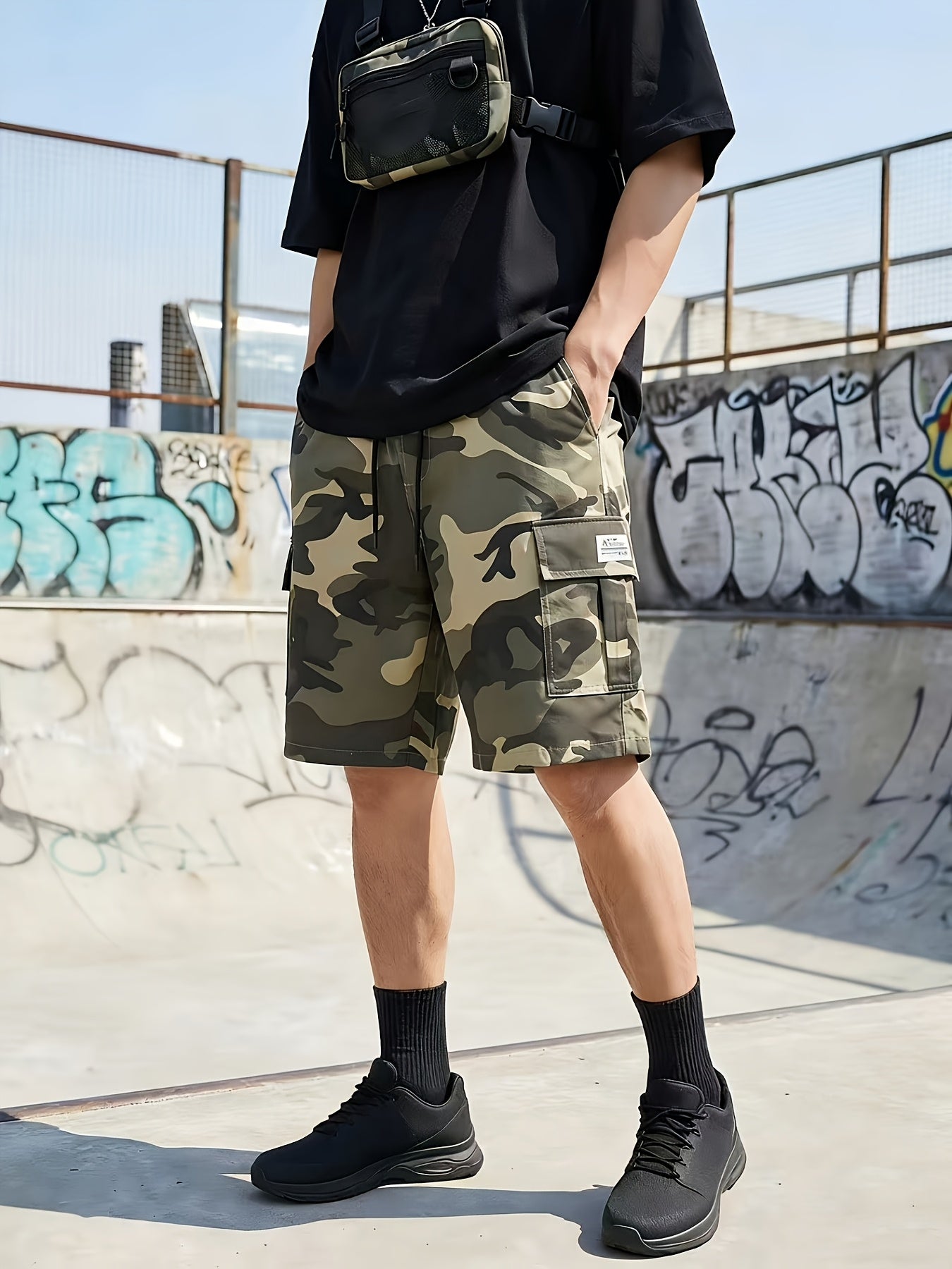 3-Pc Men'S Cargo Shorts, Solid Color Camouflage Series, Casual Athletic Shorts - (Includes Wristband)Multi-Pocket Ripstop, Adjustable Waist (Black, Gray, Khaki) - Outdoor & Travel