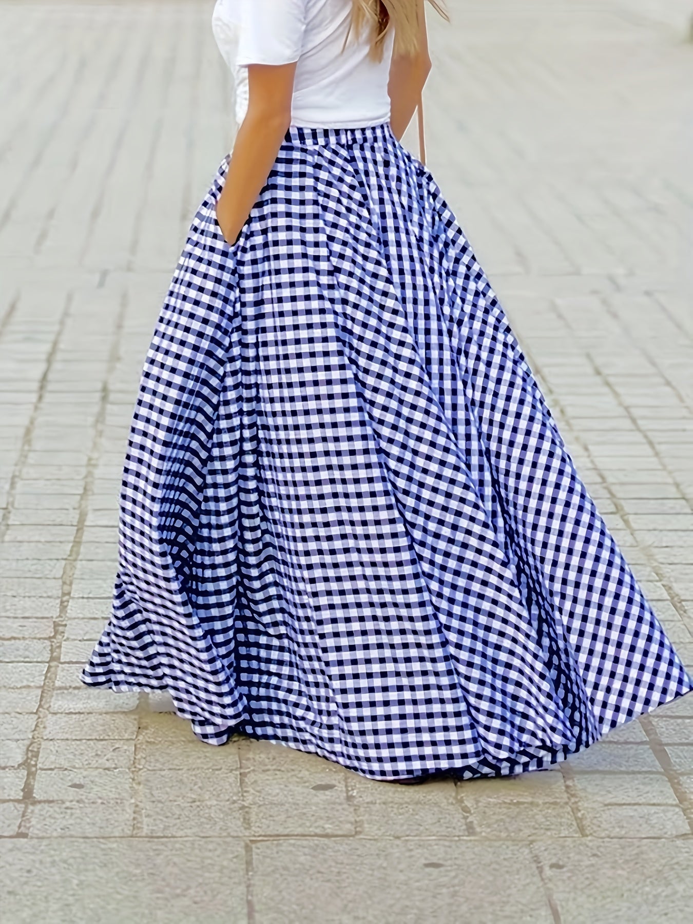 Women'S Elegant Checkered Mid-Length Skirt - High Waist, Flowing A-Line Silhouette, Opaque, Ideal for Spring And Autumn Seasons, Versatile Mid-Length Skirt | Elegant A-Line Skirt | Fashionable Texture