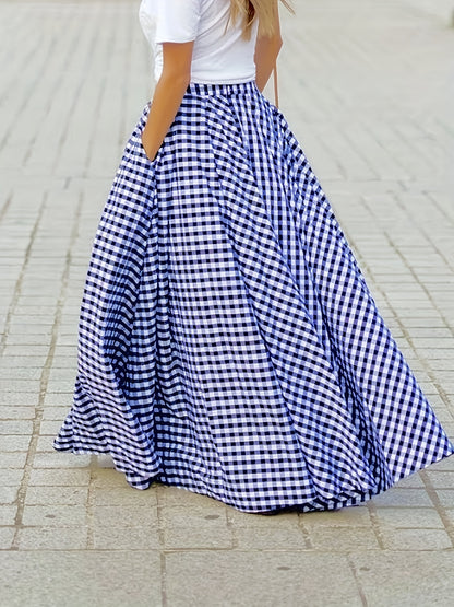 Women'S Elegant Checkered Mid-Length Skirt - High Waist, Flowing A-Line Silhouette, Opaque, Ideal for Spring And Autumn Seasons, Versatile Mid-Length Skirt | Elegant A-Line Skirt | Fashionable Texture