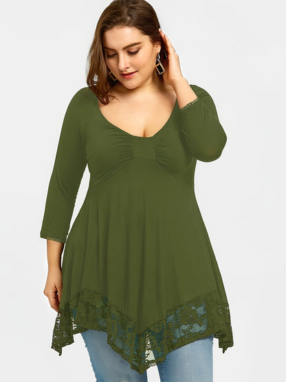 Plus Size - Plus Size - Floral Jacquard Lace Top in Plus Size - Stylish Contrast Edging, Round Neckline, Long Sleeves - Elegant Solid Tops for Curvy Women for Easy Fashion