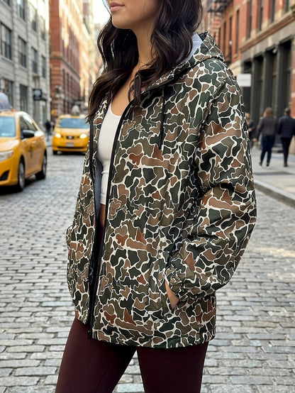 Camo Hooded Jacket Women's, Streetwear Windbreaker, Casual Fall Outerwear, Fashion Hoodie for Daily Wear