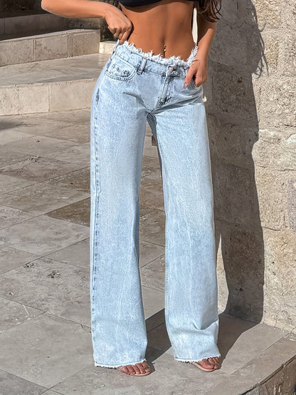 Light Blue Wide Leg Jeans, Waist Edge Pant Leg Personality Design, Loose Version Of The Long Leg, Casual Fashion Simple Style Denim Wide Leg Pants
