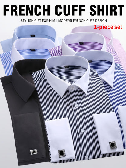 2026 French Cuff Dress Shirt 1pc For Men With FREE Random Cufflinks Set - Luxury Formal Wedding Shirt, Business Office Elegant Attire