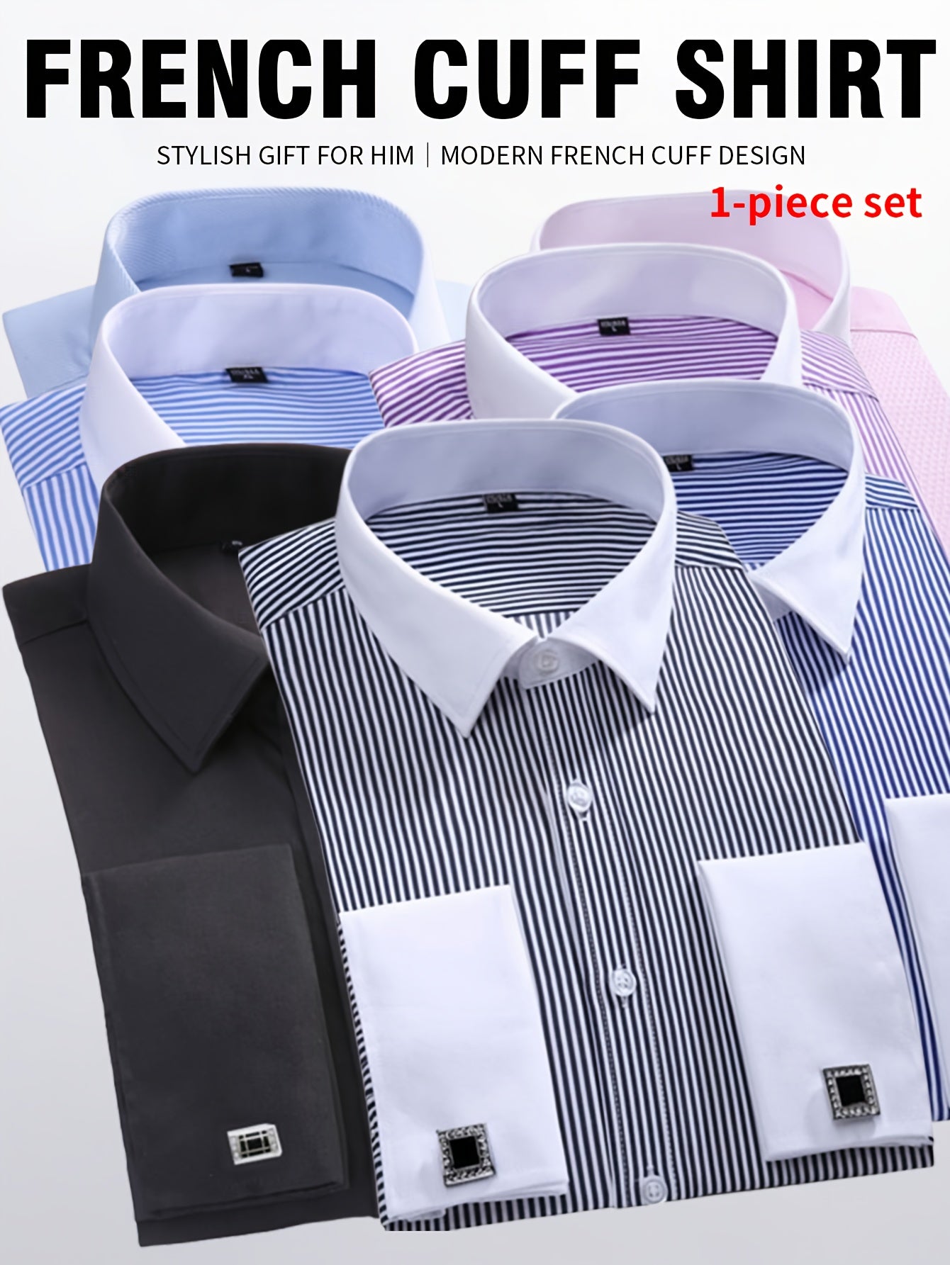 2026 French Cuff Dress Shirt 1pc For Men With FREE Random Cufflinks Set - Luxury Formal Wedding Shirt, Business Office Elegant Attire