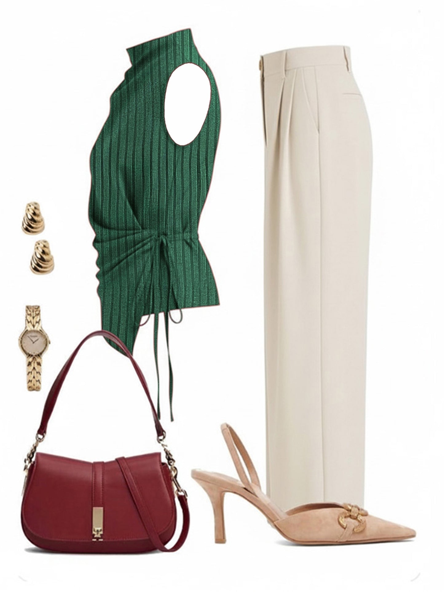 2pcs Set: Burgundy Sleeveless Drawstring Top And Wide-Leg Pants | Women'S | Elegant And Gentle Light Commuter Style Pieces, Suitable for The Workplace, Afternoon Tea Dates, And Spring/Fall Outfits. [Does Not Include Other Combination Items]