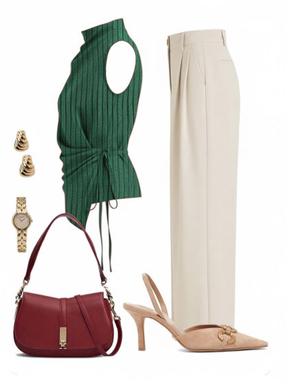 2pcs Set: Burgundy Sleeveless Drawstring Top And Wide-Leg Pants | Women'S | Elegant And Gentle Light Commuter Style Pieces, Suitable for The Workplace, Afternoon Tea Dates, And Spring/Fall Outfits. [Does Not Include Other Combination Items]