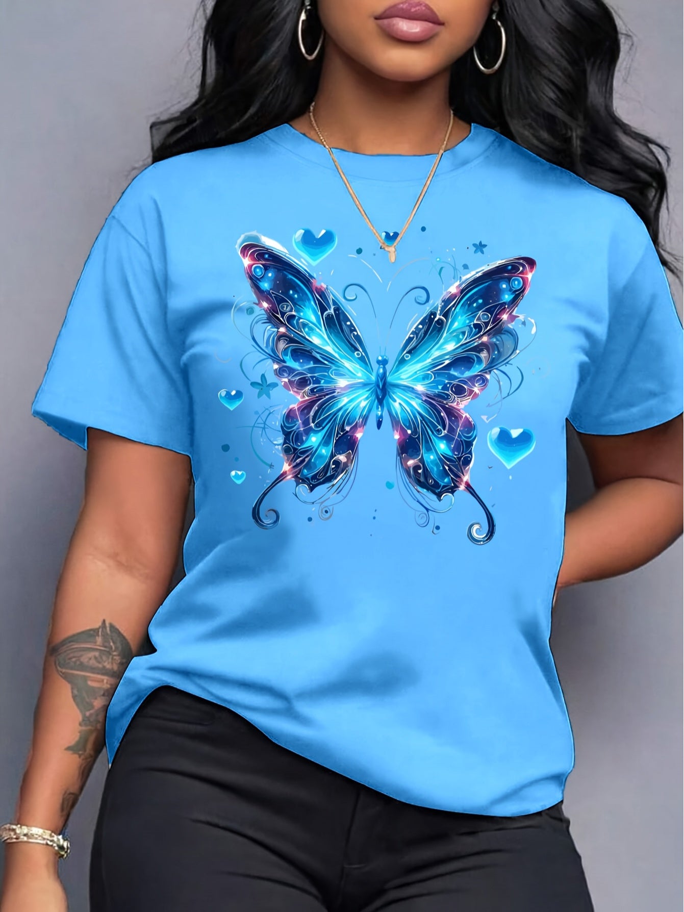 Women's Glossy Butterfly Print T-Shirt - Lightweight Polyester Short Sleeve Round Neck Top with Purple & Black Bowknot & Heart Cutouts, Machine Washable Spring Summer Fall Casual Shirt, Comfortable Casual Attire, Vibrant Purple & Pink Butterfly Design, Gl
