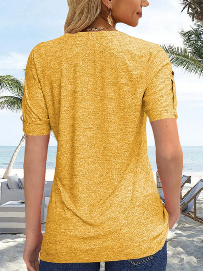Women's Hot-selling Summer Casual V-Neck Pleated Blouse Short Sleeve Button-Up Solid Color Top