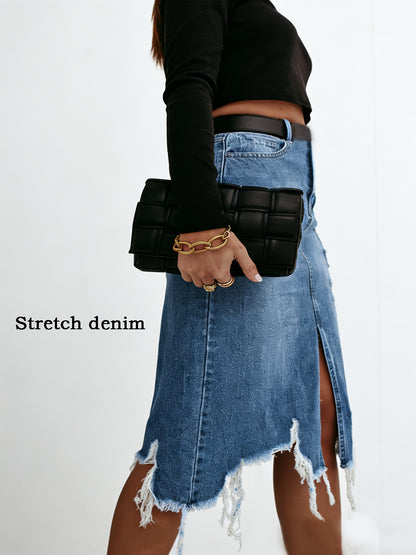 IXBGG 2026 Women's High-Waist Distressed Denim Skirt - Stretch Washed Fringe Hem Asymmetrical Ripped Midi Skirt, Beltless Soft Fringe Suitable for Office, Vacation, Home Wear, Machine Washable for the (No Belt Included)