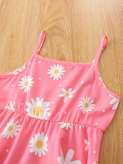 Summer Girls Flower Print Dress Children's Casual Dress Spring/Summer Popular Western Style Little Girl Fashion Versatile Casual Print Full Print Dress (including Hat)