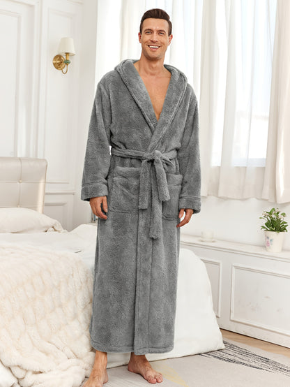 Men'S Thickened Flannel Hooded Bathrobe - Soft Plush Long Sleeve Robe with Pockets, Warm & Breathable Winterrobe for Home, Spa