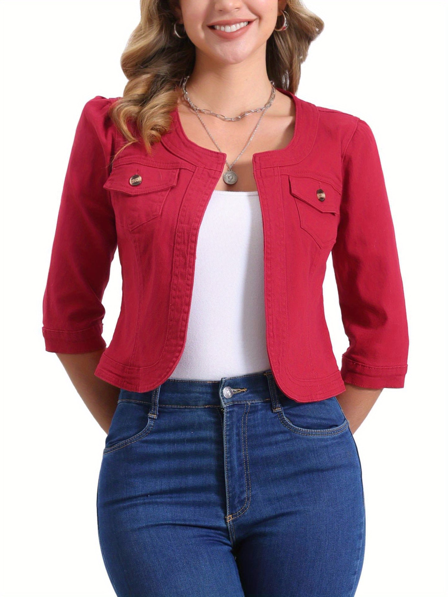 Denim Jacket for Women' S Collarless 2025 Cardigan 3/4 Sleeve Crop Jean Jackets