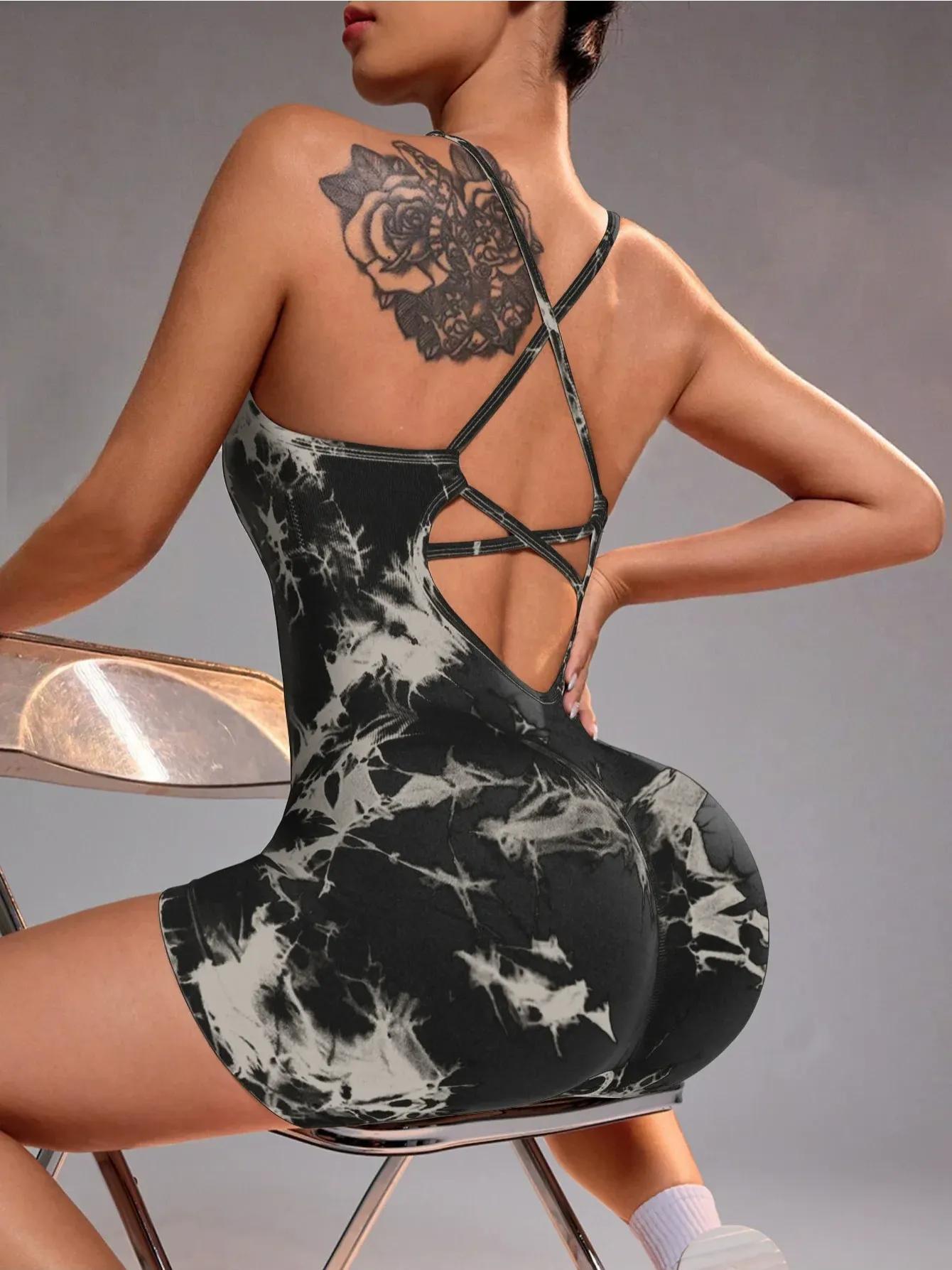 Stretchy Seamless Women's Tie-Dye Crisscross Backless Yoga Bodysuit, Athletic Sports Padded Romper Jumpsuit, Butt Lifting Fitness Shorts Workout Clothing for Gym Running Biking Outdoor Tennis, Womens Summer Clothing Fitness Wear Daily Wear Activewear, Bir