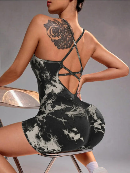 Stretchy Seamless Women's Tie-Dye Crisscross Backless Yoga Bodysuit, Athletic Sports Padded Romper Jumpsuit, Butt Lifting Fitness Shorts Workout Clothing for Gym Running Biking Outdoor Tennis, Womens Summer Clothing Fitness Wear Daily Wear Activewear, Bir