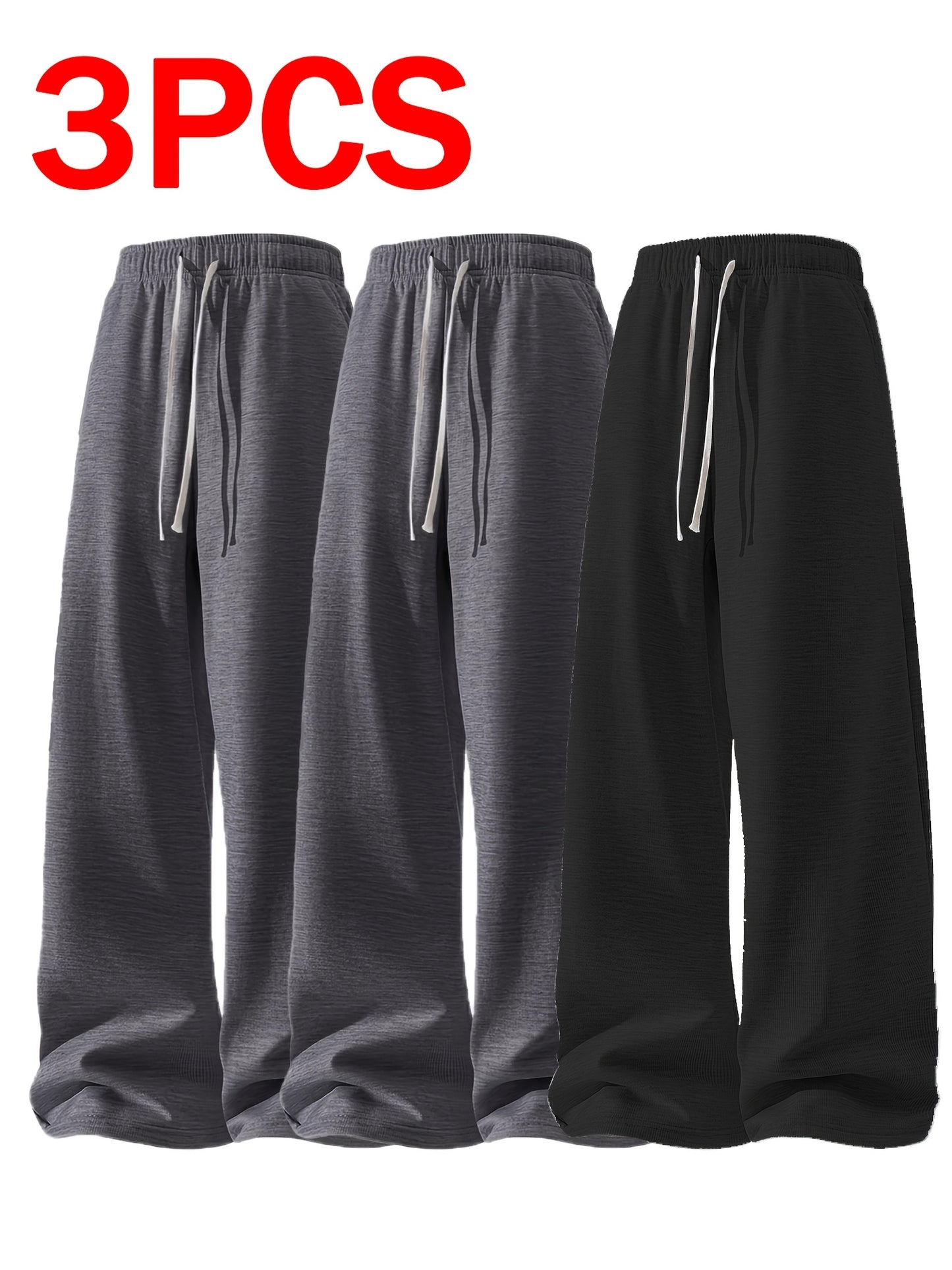 3pcs Men's Lightweight Soft Joggers - Loose Fit Straight Leg Pants Waist, Light Grey & Black/Dark Grey, All-Season Comfort Suitable for Gym, Casual Wear, Everyday Use - Straightforward Casual Style (Stock Available)