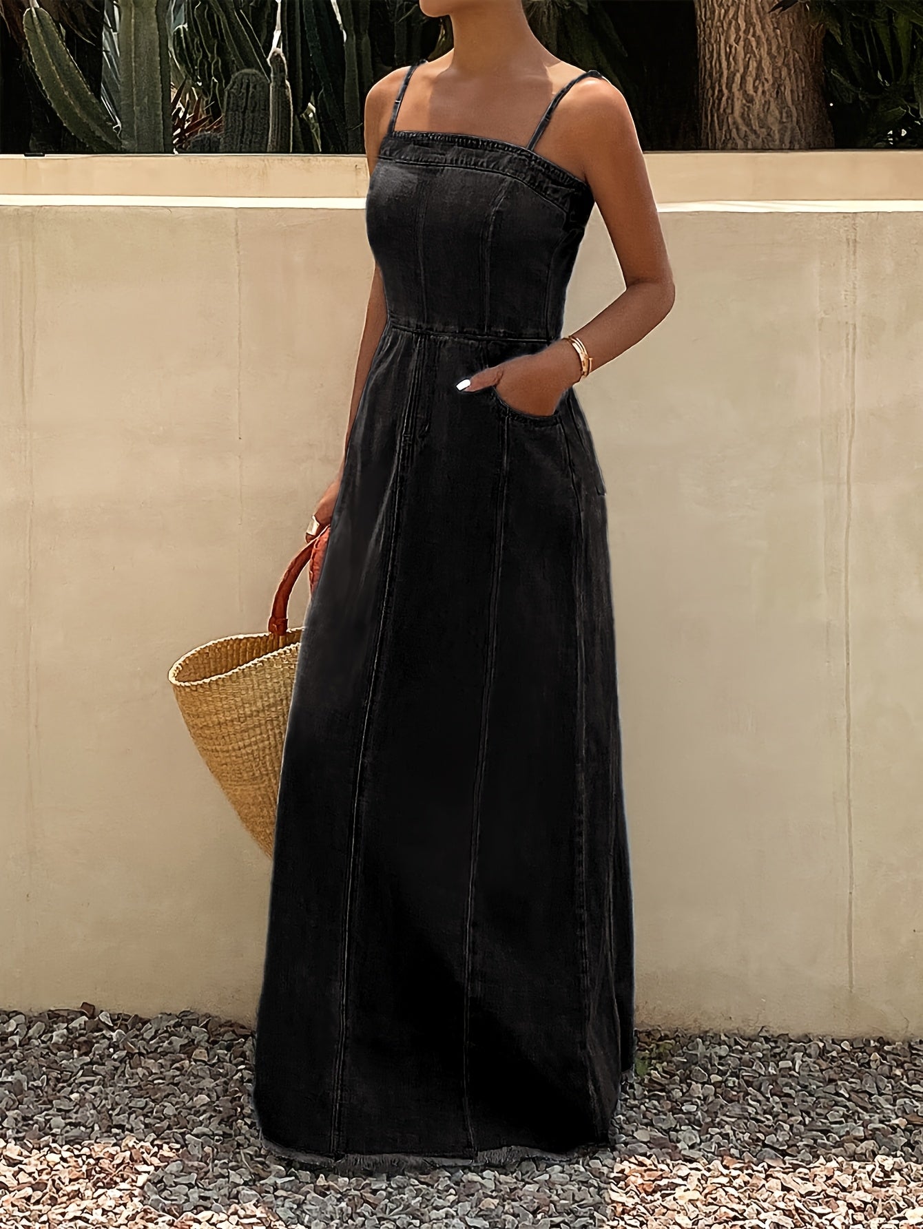 Vintage Washed Denim Maxi Dress for Women Sleeveless Long Jean Dress with Relaxed Non-Stretch Fabric, Casual Boutique Outfit for Spring Fall
