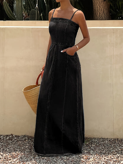 Vintage Washed Denim Maxi Dress for Women Sleeveless Long Jean Dress with Relaxed Non-Stretch Fabric, Casual Boutique Outfit for Spring Fall
