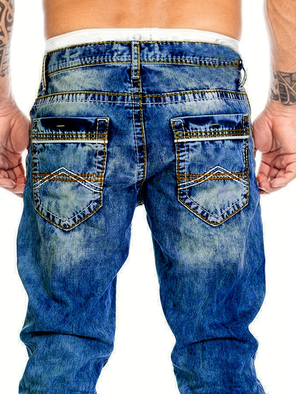 Men's Slim-Fit Straight-Leg Distressed American Snowflake Jeans - Vintage Wash Blue Denim Pants with Snowflake Pattern, Streetwear Style All-Season Casual Wear, Durable Fabric & Hand Washable