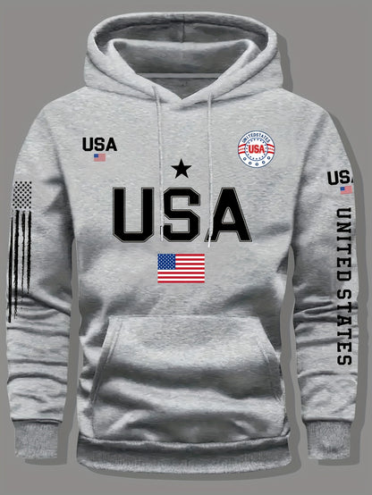 USA Flag Pattern Printed Hoodies, Men's Sweatshirts, United States Letter Printed Casual Knitted Fabric Pullovers for Both Men and Women, Student Couple Outfits, Fashionable Sweatshirts, Autumn and Winter Men's and Women's Sweatshirts