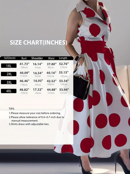 Plus Size - Plus Size - Lemongor Plus Size Party Evening Birthday Prom Polka Dots Maxi Dresses for Women 2025 New Sleeveless Tied Waist Fashion Long A-Line Shirt Dress, 3XL, 4XL, 5XL